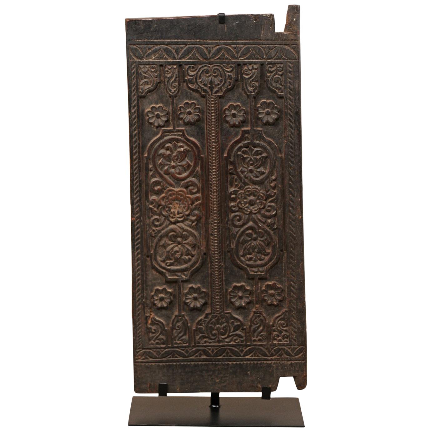 Balinese Floral-Carved Wood Rice Barn Door on Custom Base, Stands 4 Ft Tall  For Sale