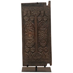 Balinese Floral-Carved Wood Rice Barn Door on Custom Base, Stands 4 Ft Tall
