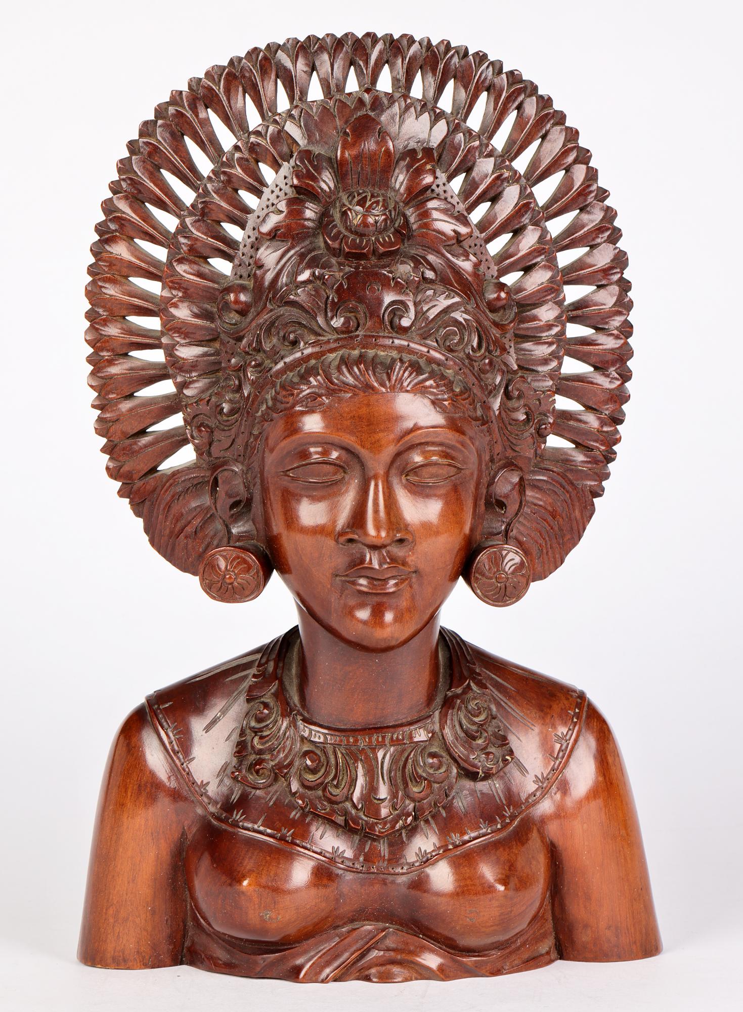 Balinese Carved Wooden Portrait of a Girl in Headdress For Sale 1
