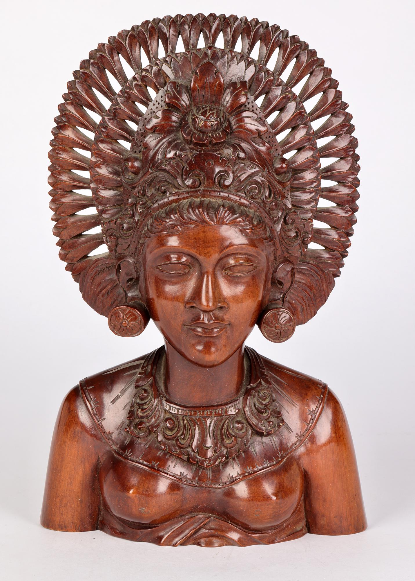 Balinese Carved Wooden Portrait of a Girl in Headdress For Sale 8