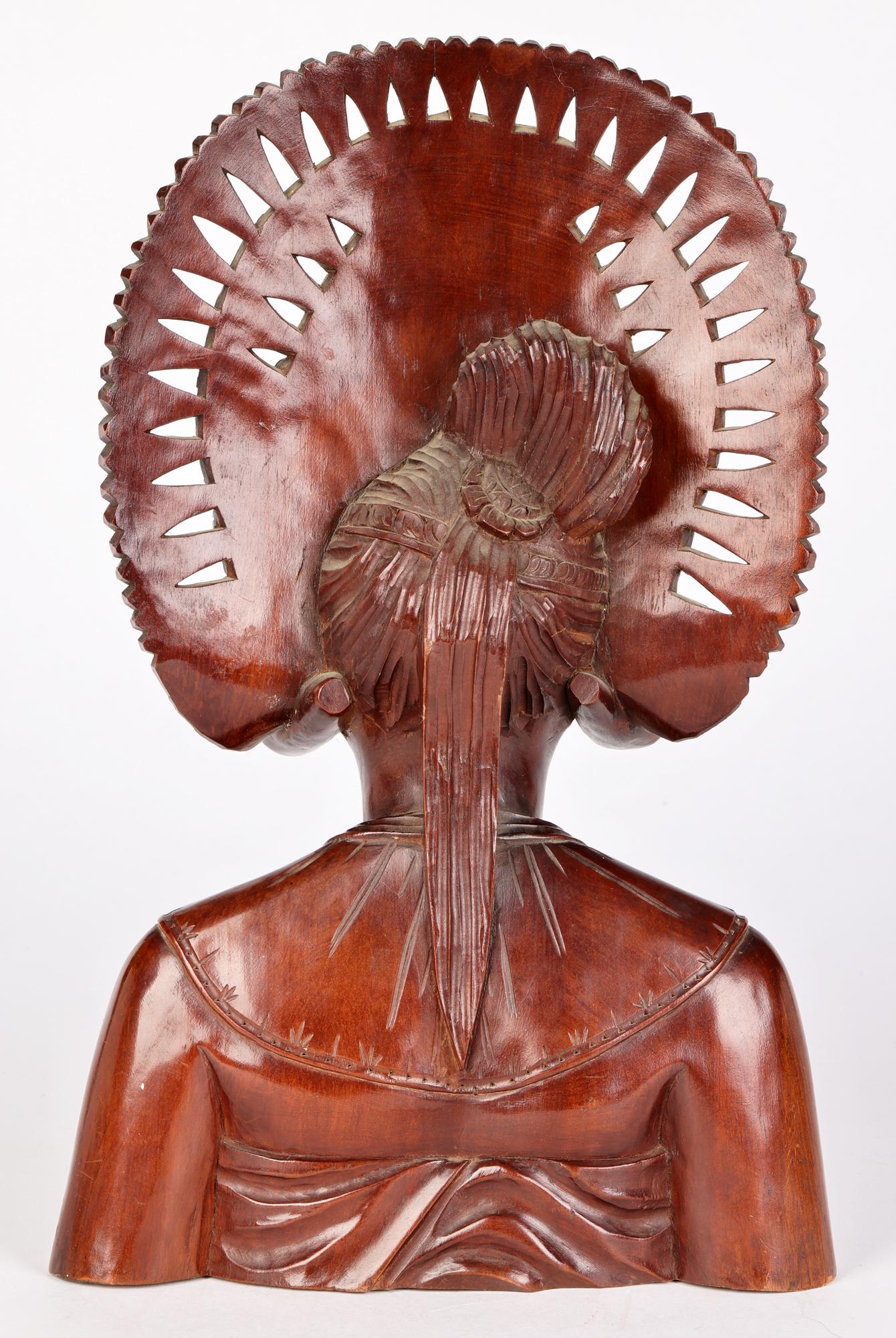 20th Century Balinese Carved Wooden Portrait of a Girl in Headdress For Sale