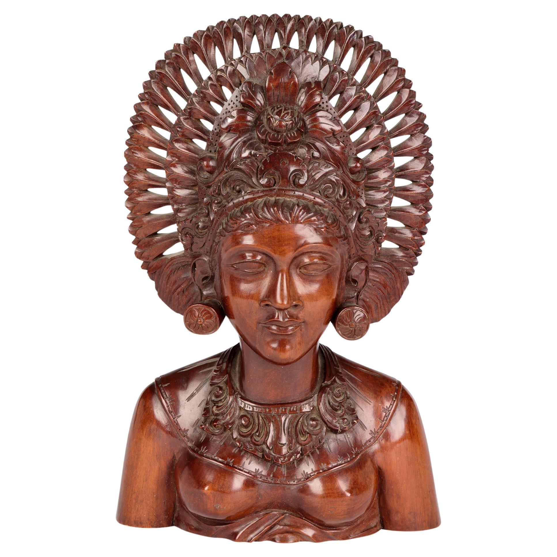 Balinese Carved Wooden Portrait of a Girl in Headdress For Sale