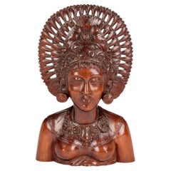 Balinese Carved Wooden Portrait of a Girl in Headdress