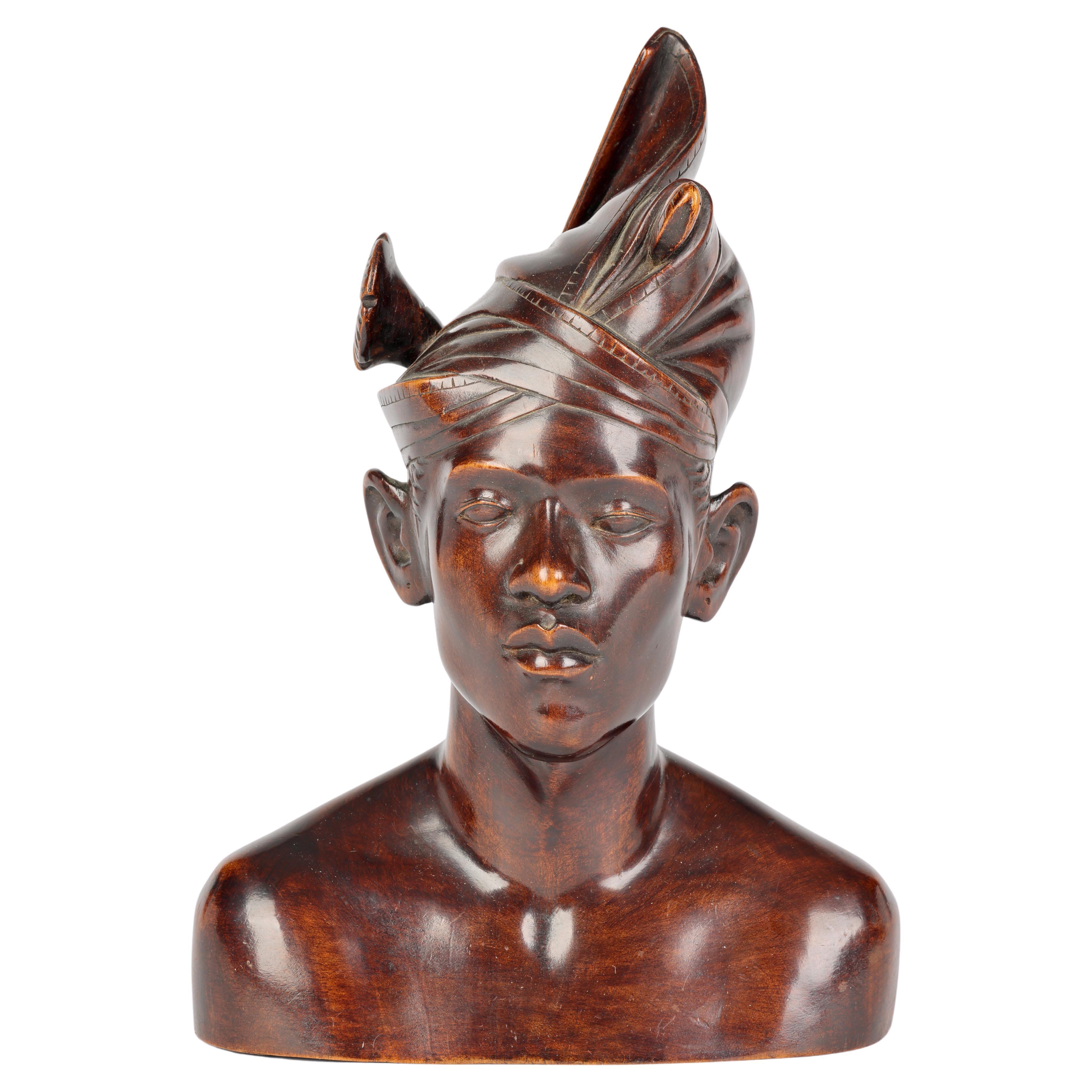 Balinese Carved Wooden Portrait of a Young Man