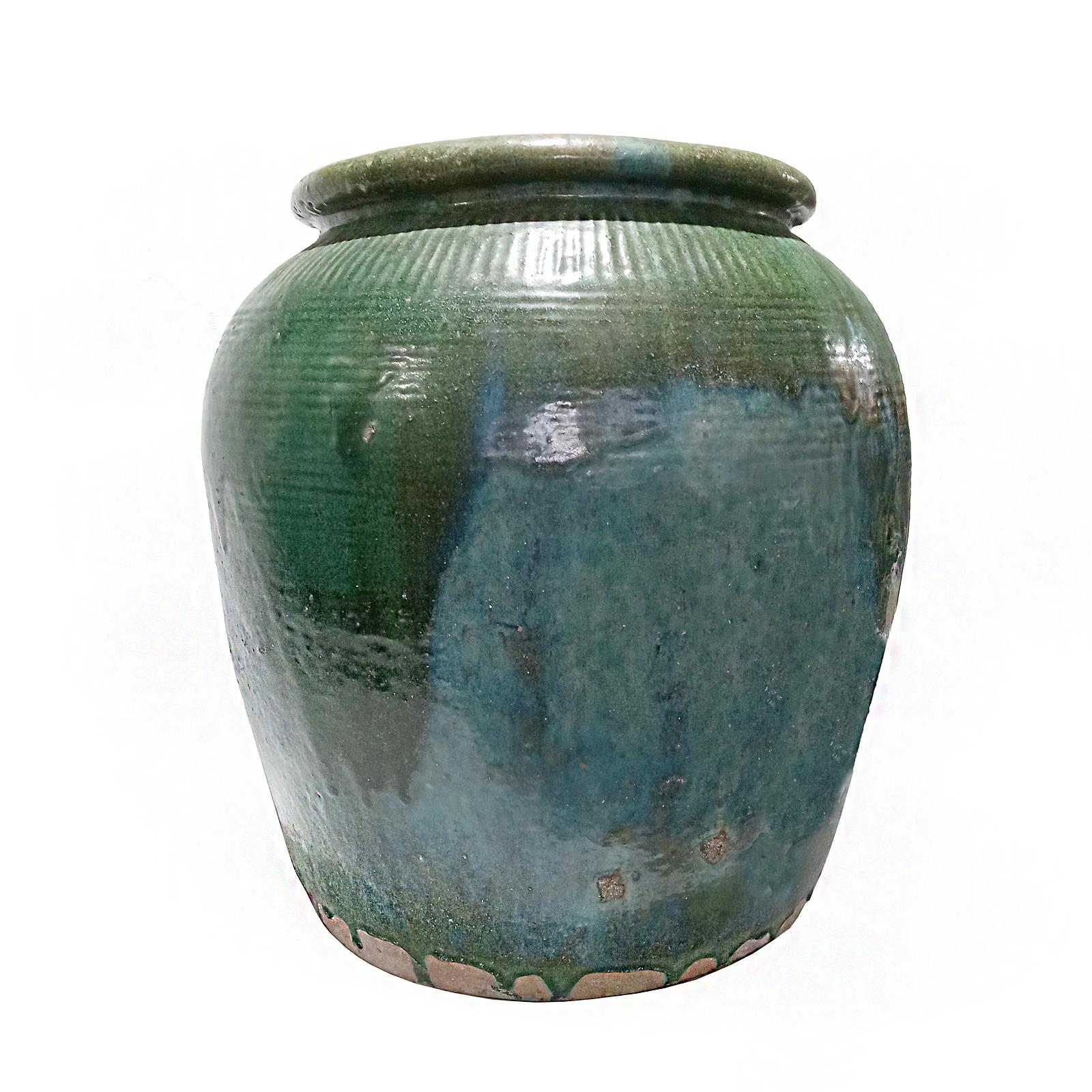Glazed Balinese Terracotta Vase / Jar / Urn with Green Glaze, Contemporary For Sale