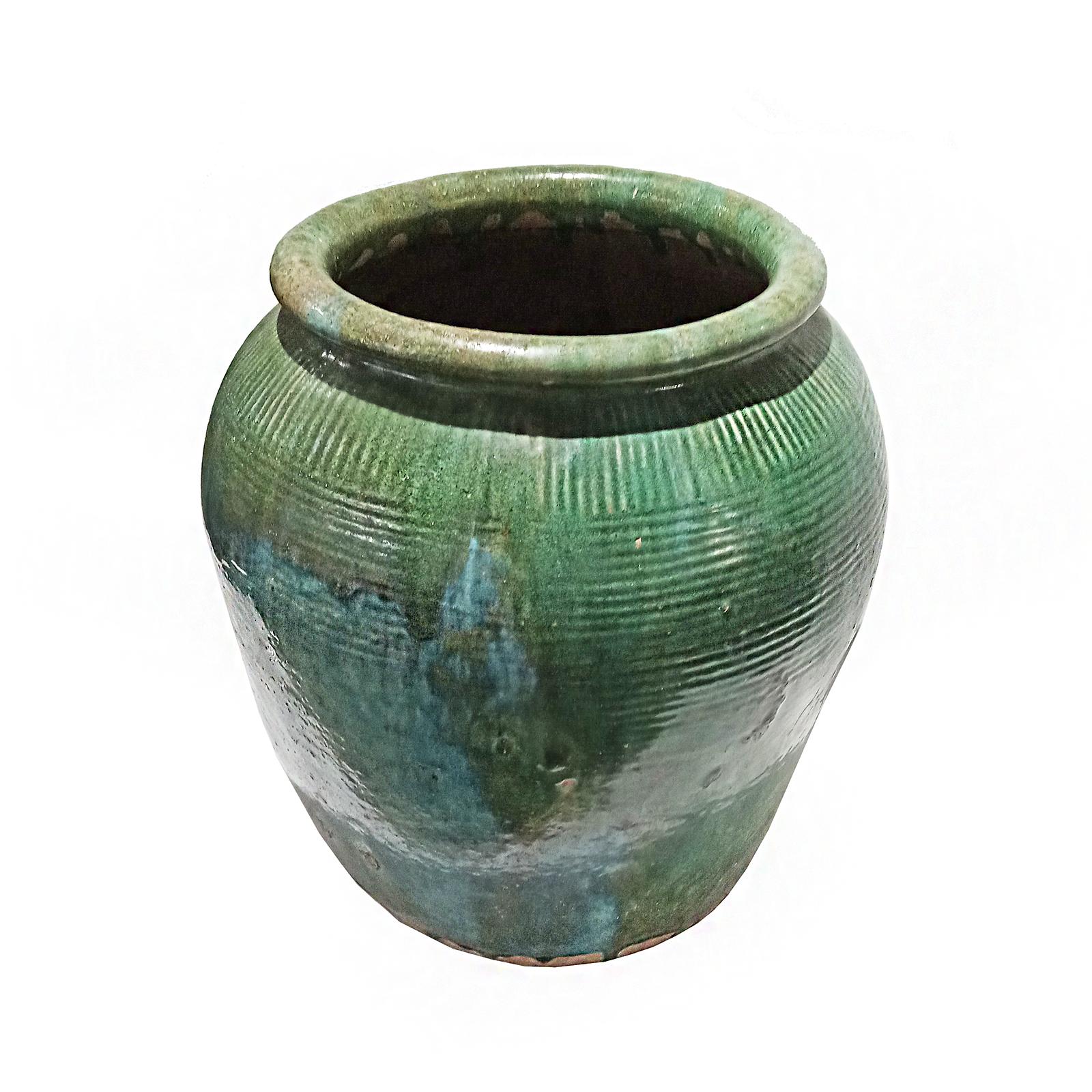 Ceramic Balinese Terracotta Vase / Jar / Urn with Green Glaze, Contemporary For Sale