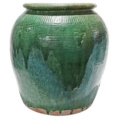 Used Balinese Terracotta Vase / Jar / Urn with Green Glaze, Contemporary