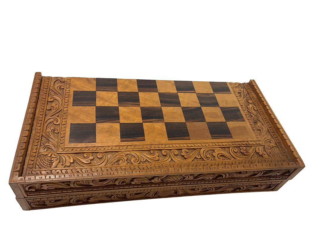 Wood Balinese Chess set in casket- box, 20th Century For Sale