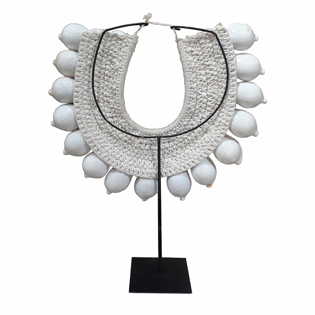 Balinese Egg Cowry and Raffia Necklace on Stand In Good Condition In New York, NY