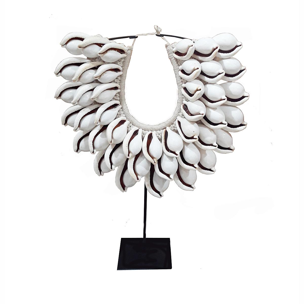 Contemporary Balinese Egg Cowry and Raffia Necklace on Stand