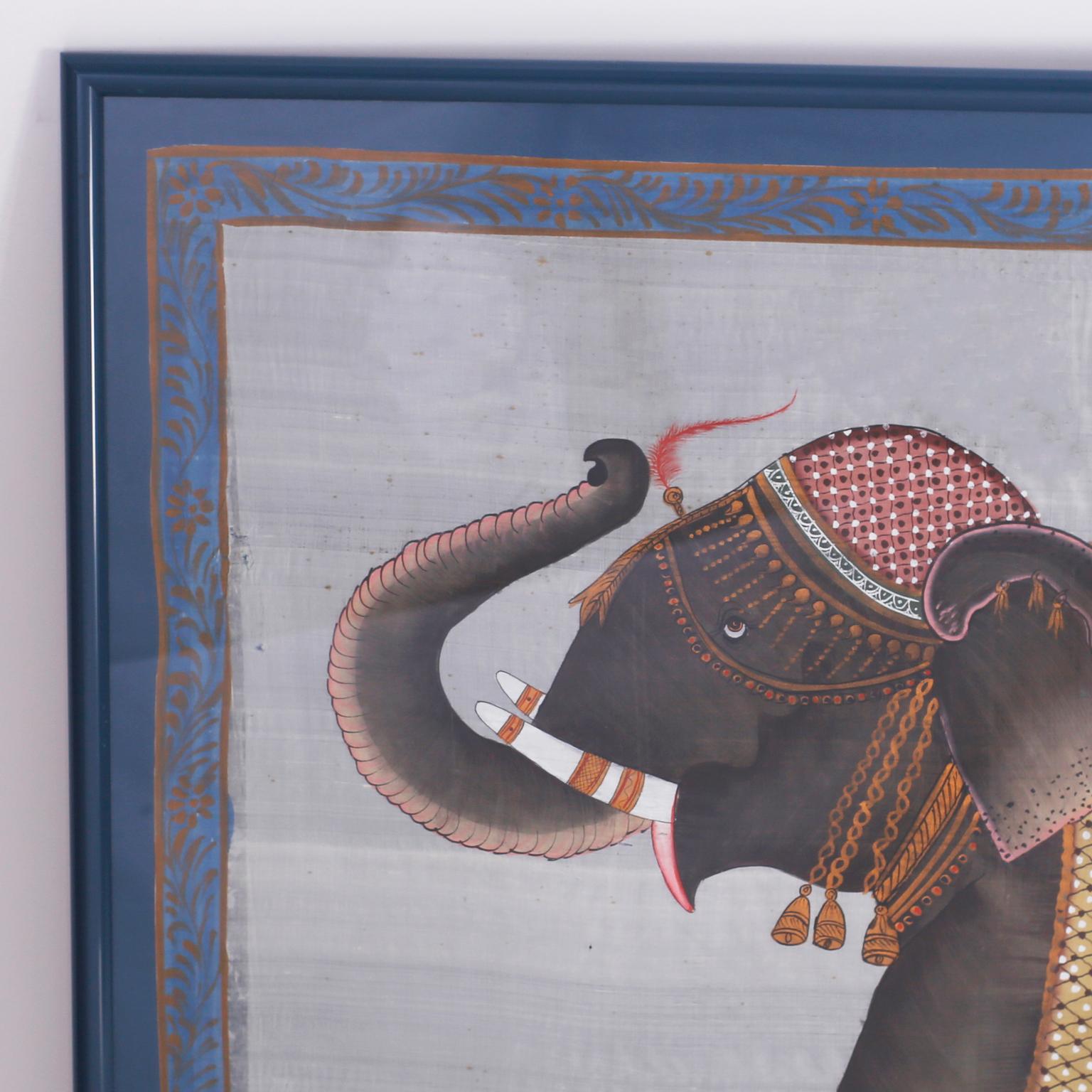 Balinese painting on silk executed in a folky style, with gouache and watercolor depicting a walking elephant dressed in fancy attire and presented in a newer lacquered frame.