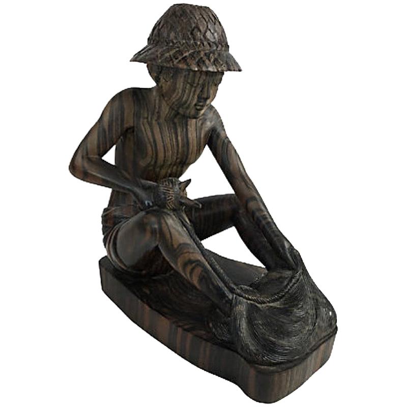 Balinese Fisherman Wood Carving Sculpture For Sale