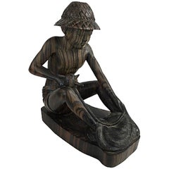 Vintage Balinese Fisherman Wood Carving Sculpture