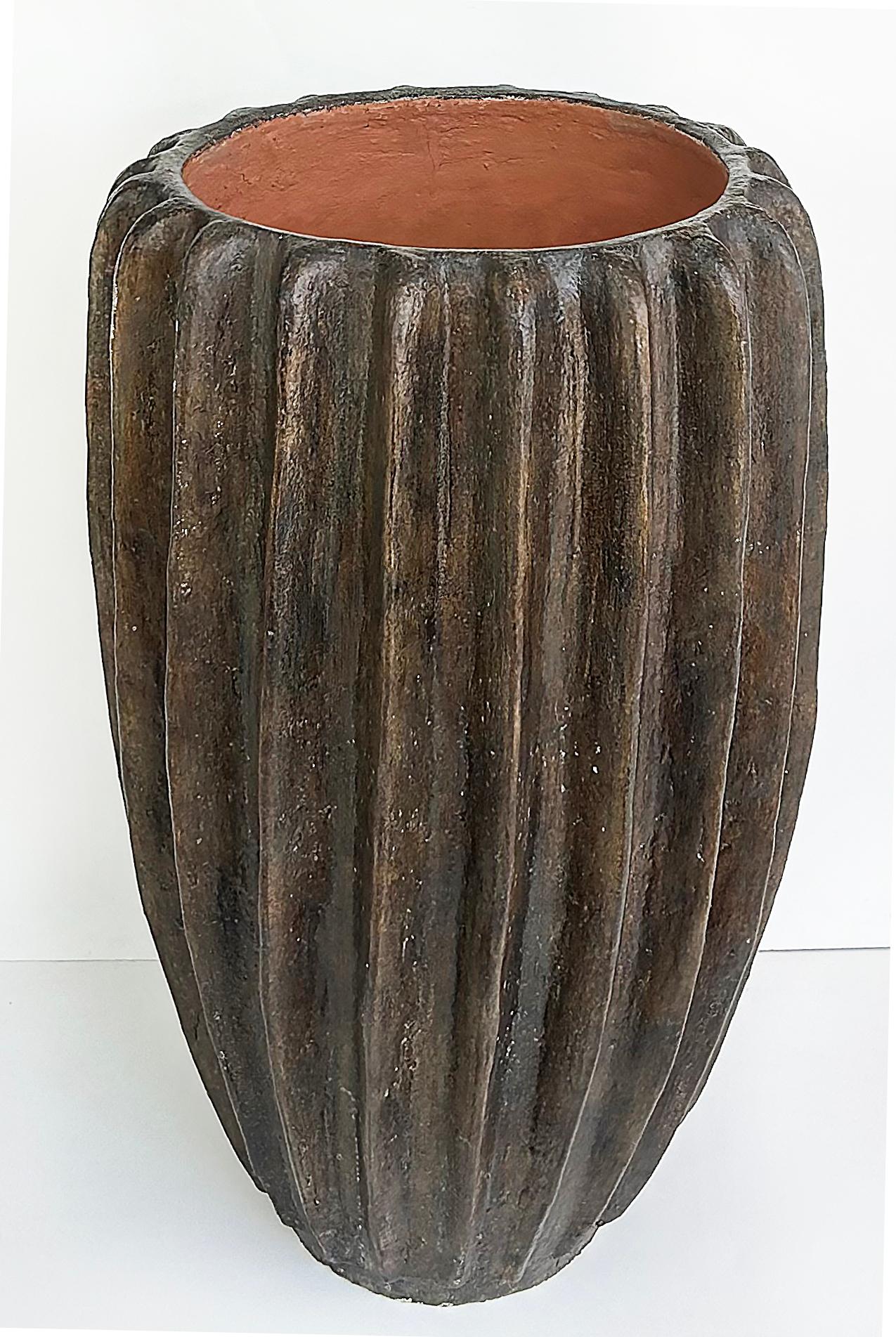Indonesian Balinese Fluted Brown Terracotta Planters, 2 Available For Sale