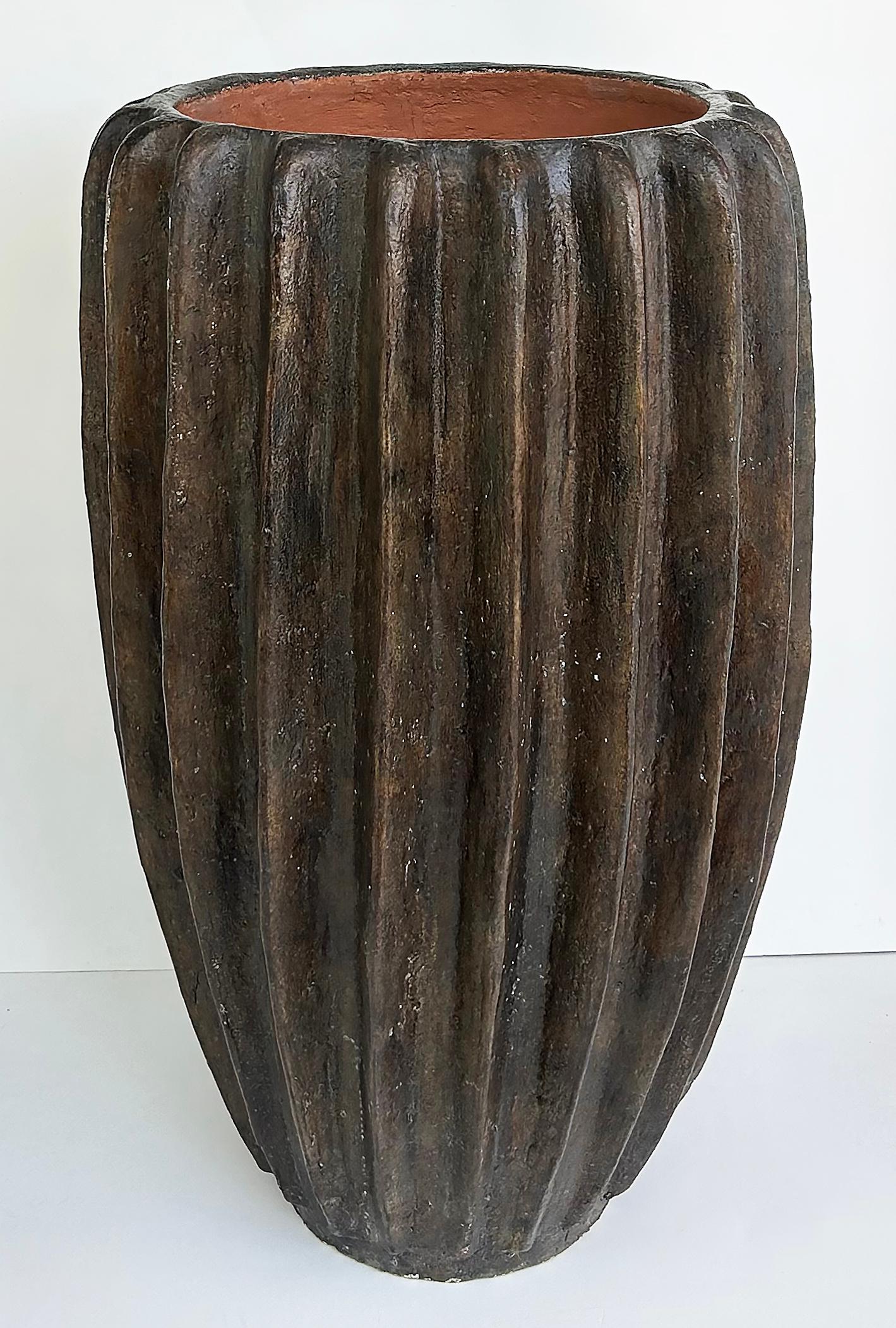Balinese Fluted Brown Terracotta Planters, 2 Available In Good Condition For Sale In Miami, FL