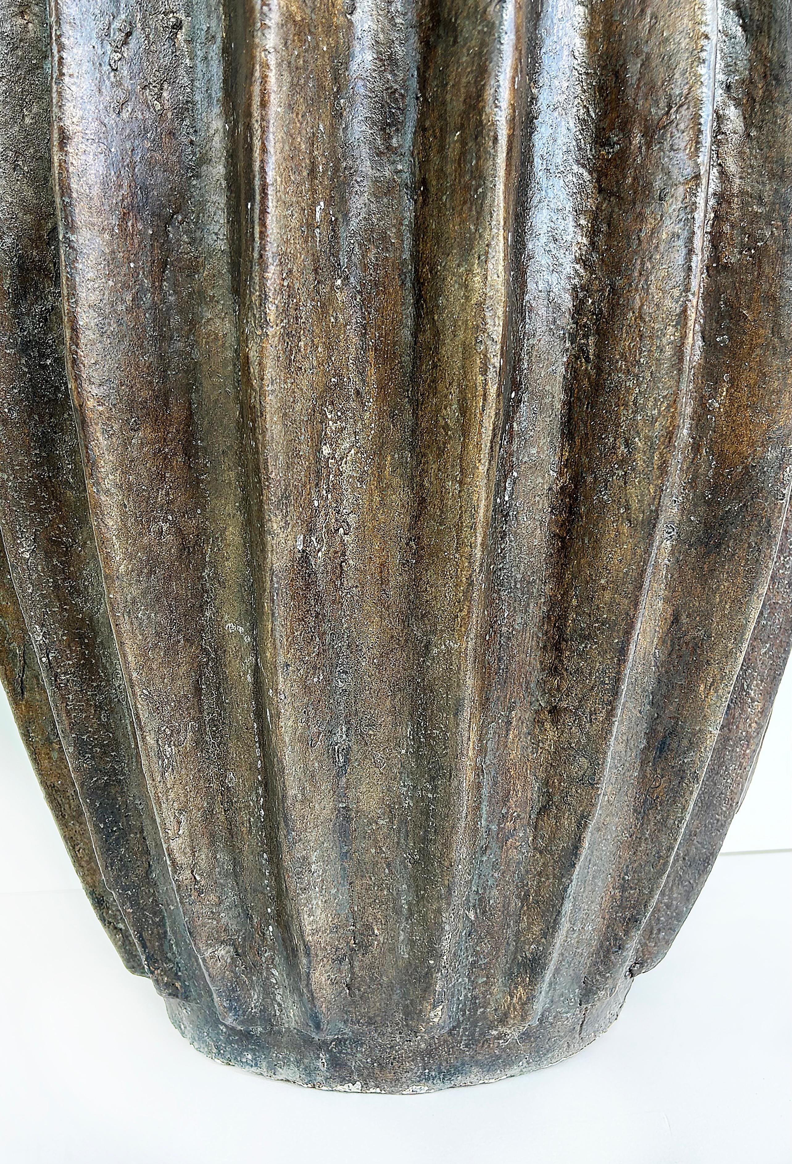 Contemporary Balinese Fluted Brown Terracotta Planters, 2 Available For Sale