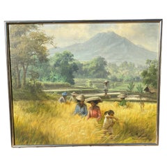 Balinese Genre Painting of Rice Harvest by Usman Munandar Bali 1984