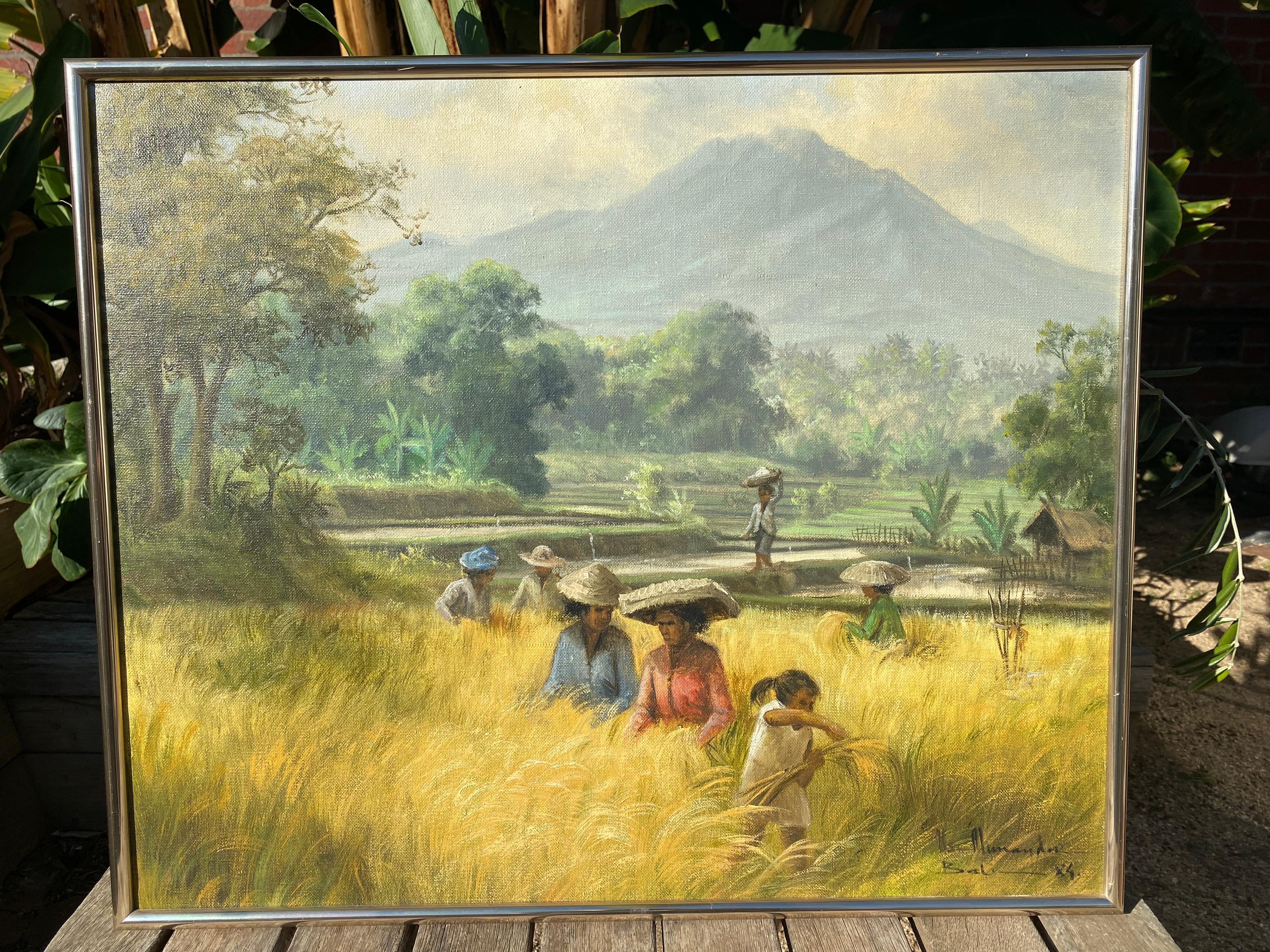 Balinesisches Genregemälde der Reisernte von Usman Munandar Bali 1984 (Organische Moderne) im Angebot