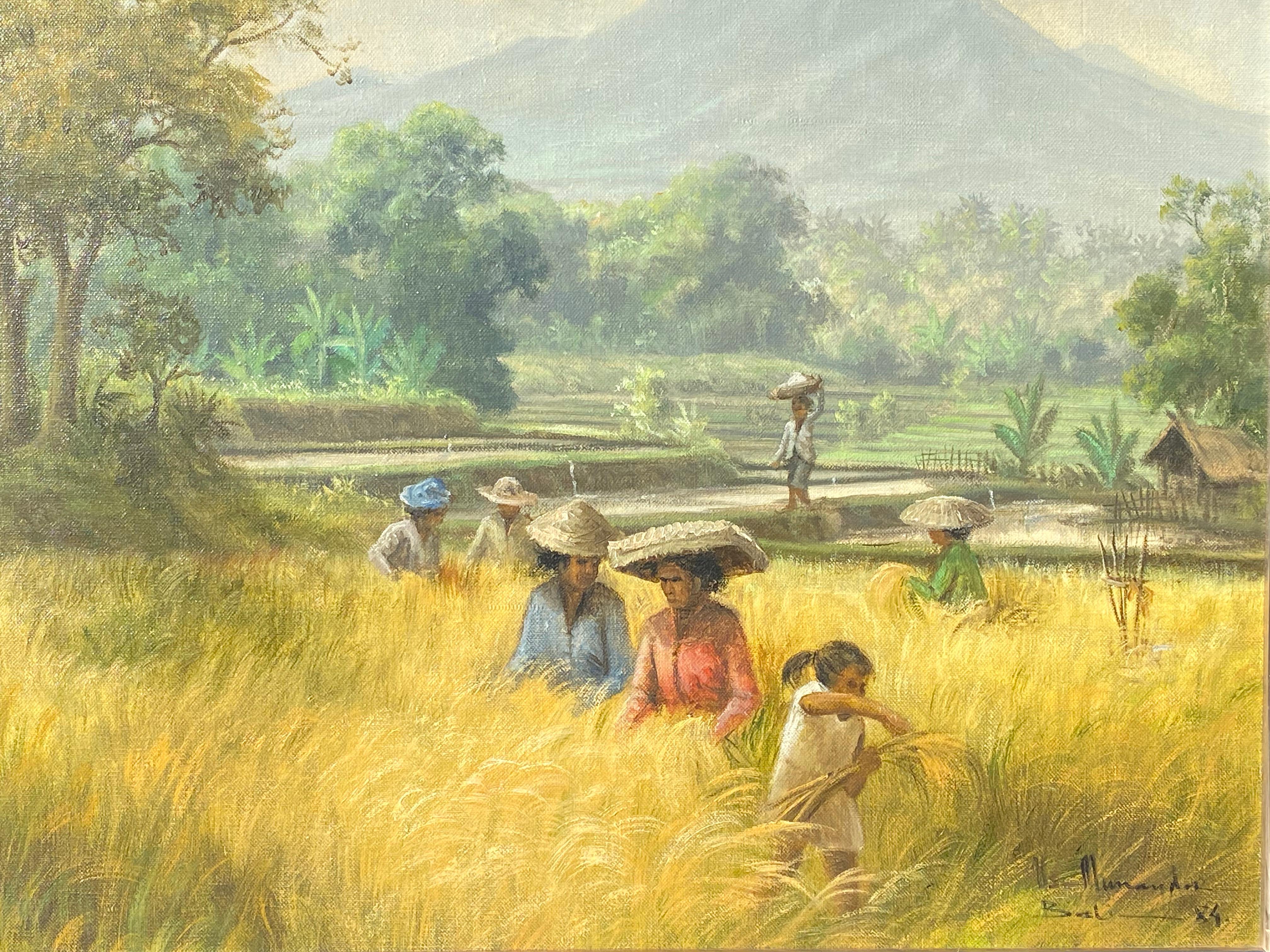 Balinese Genre Painting of Rice Harvest by Usman Munandar Bali 1984