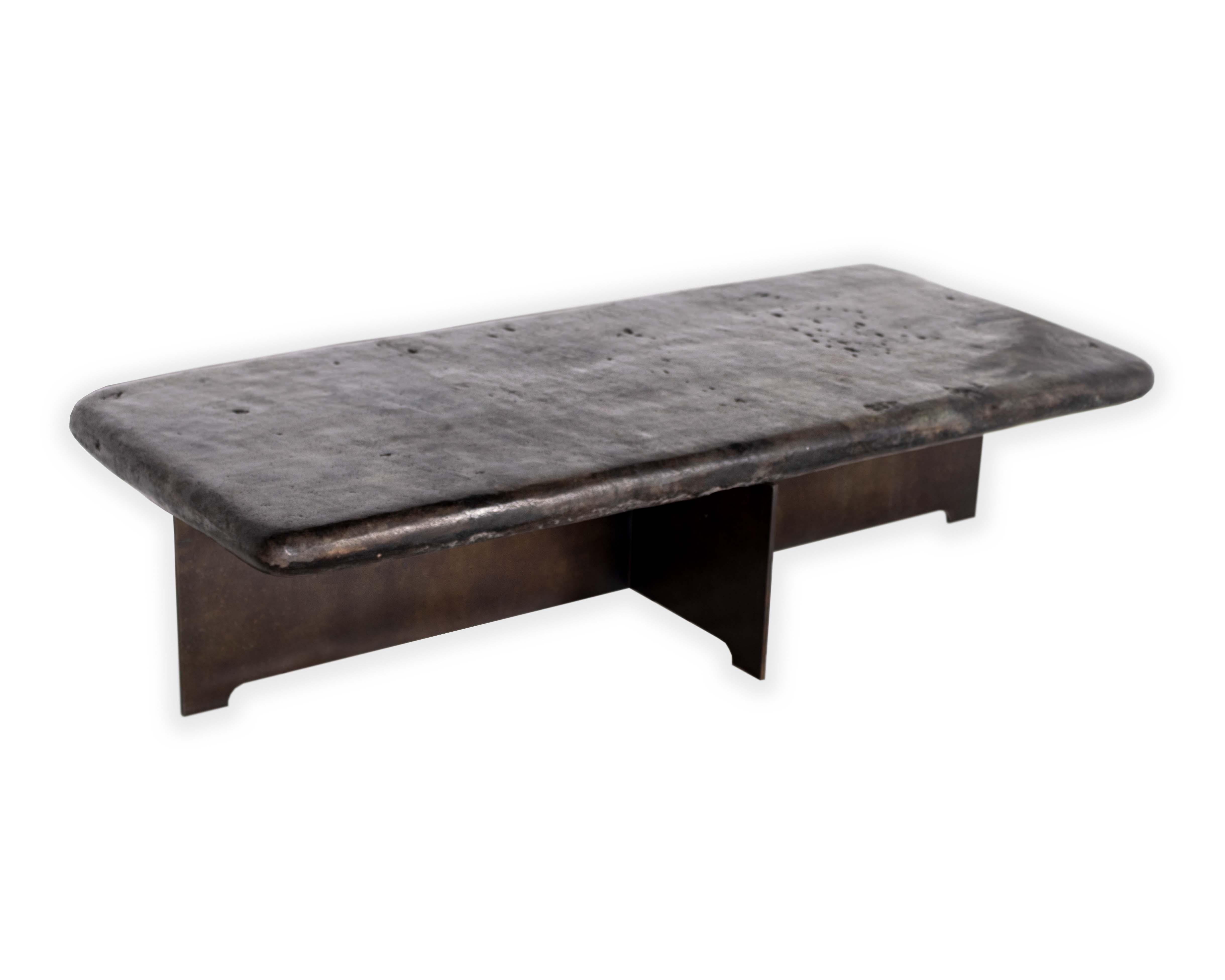 Ebonized Balinese Hand Wrought River Stone Coffee Table on Steel Mount