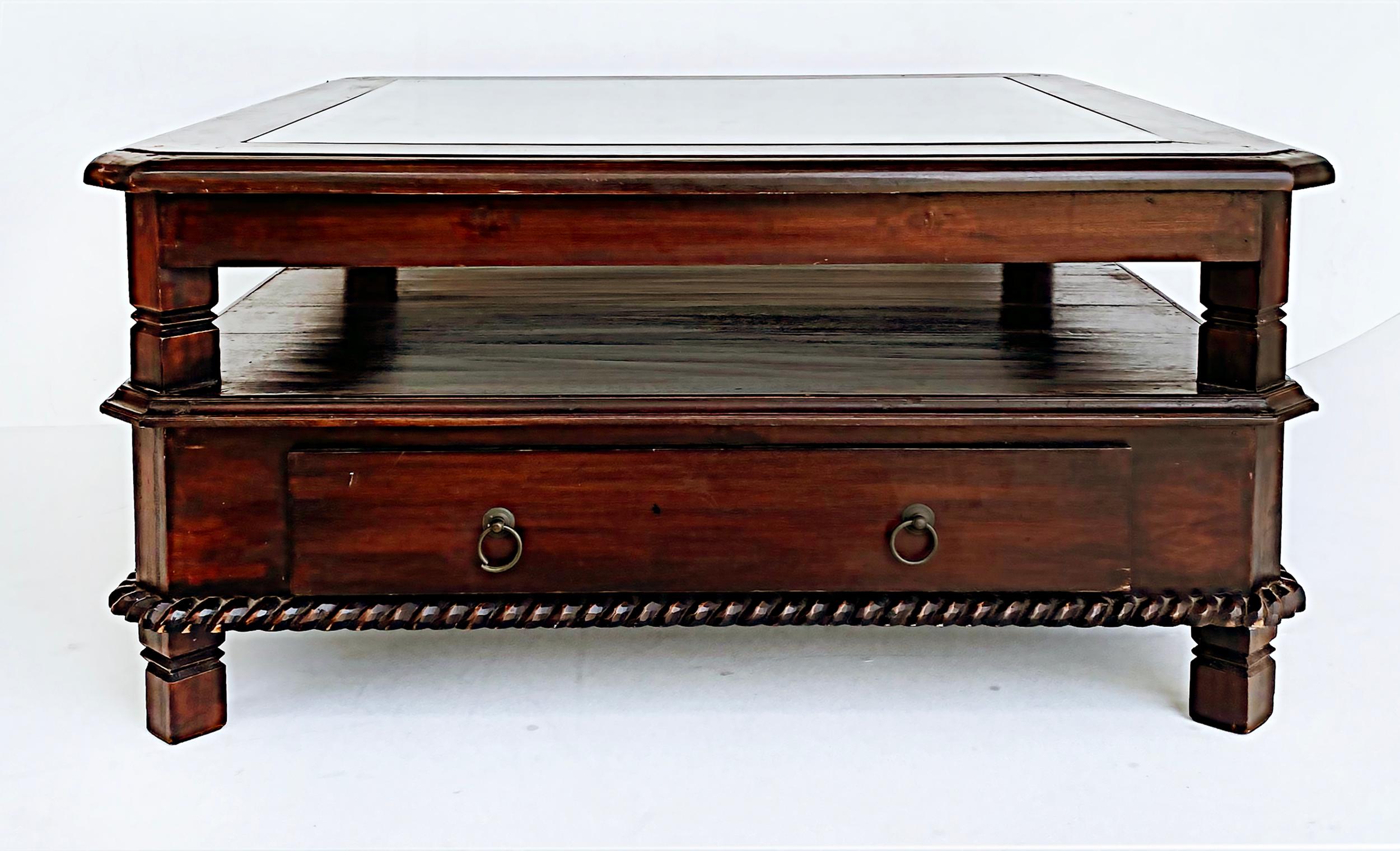 British Colonial Balinese Mahogany 2-Tier 2 Drawer Coffee Table with Inset Glass Top