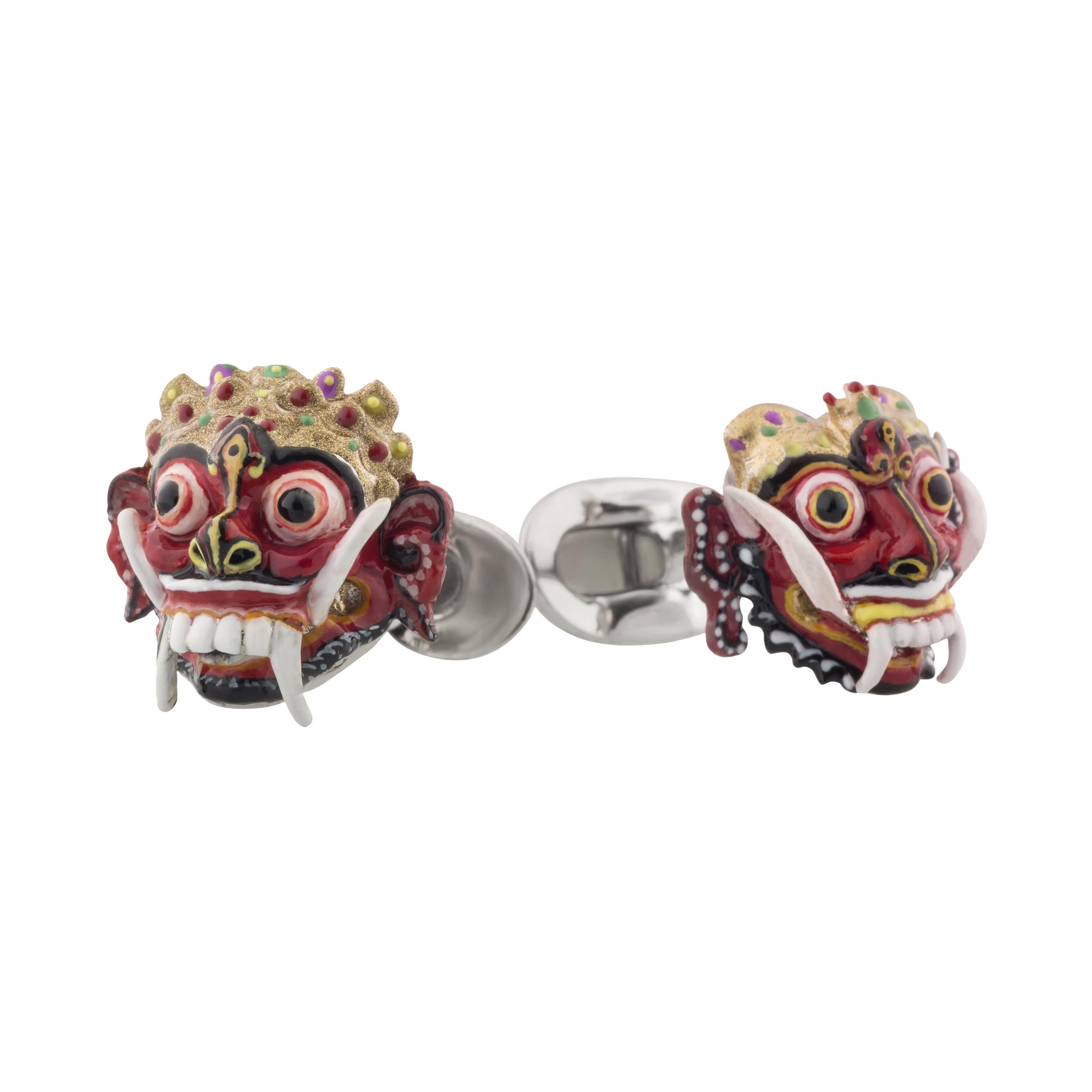 Balinese Masks Cufflinks 'Barong and Rangda' in Hand-Enameled Sterling Silver For Sale