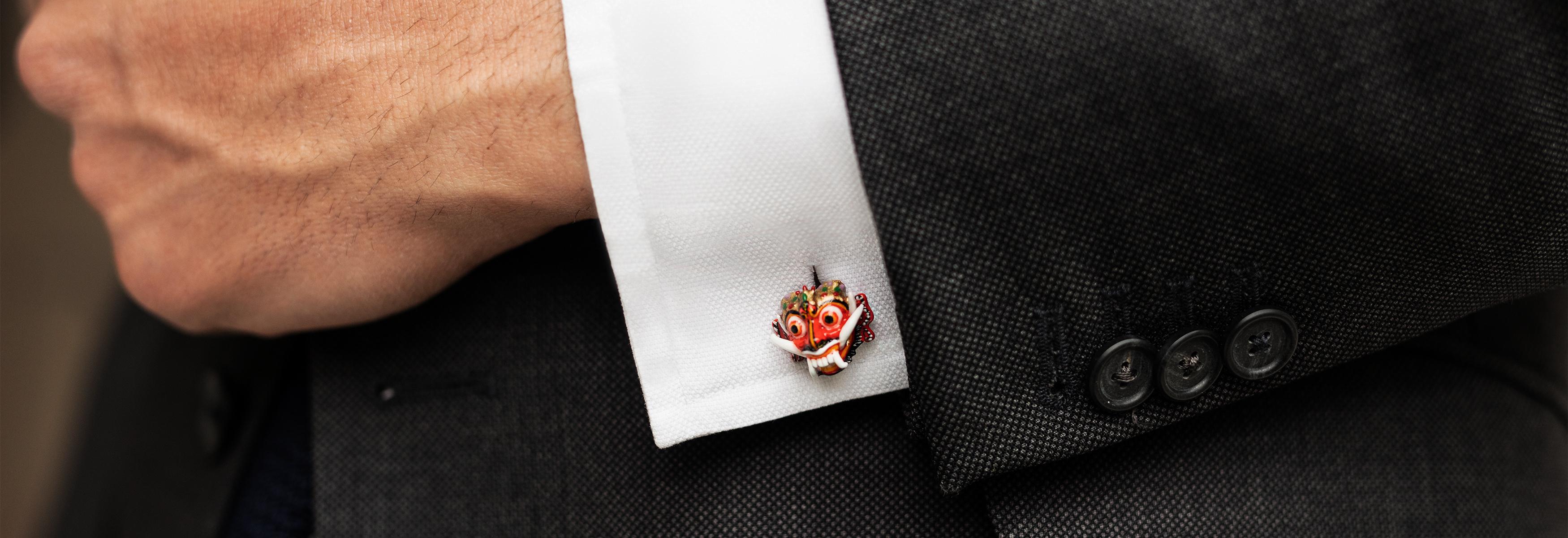 Modern Balinese Masks of Barong and Rangda - Cufflinks in Hand-enameled Sterling Silver