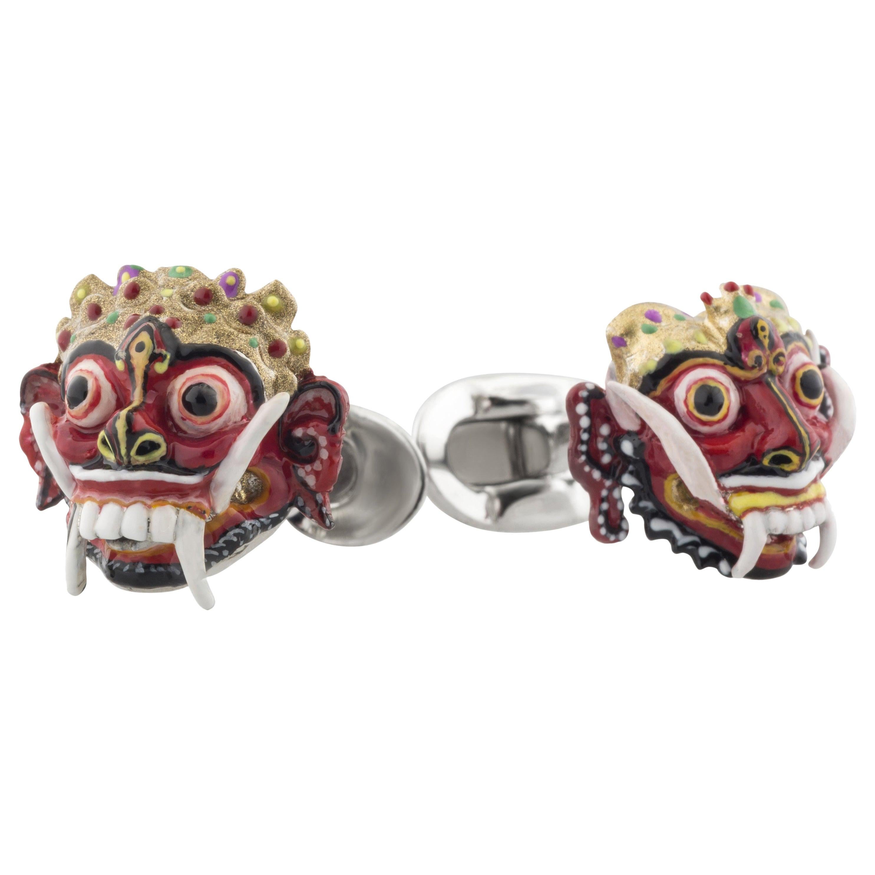 Balinese Masks of Barong and Rangda - Cufflinks in Hand-enameled Sterling Silver