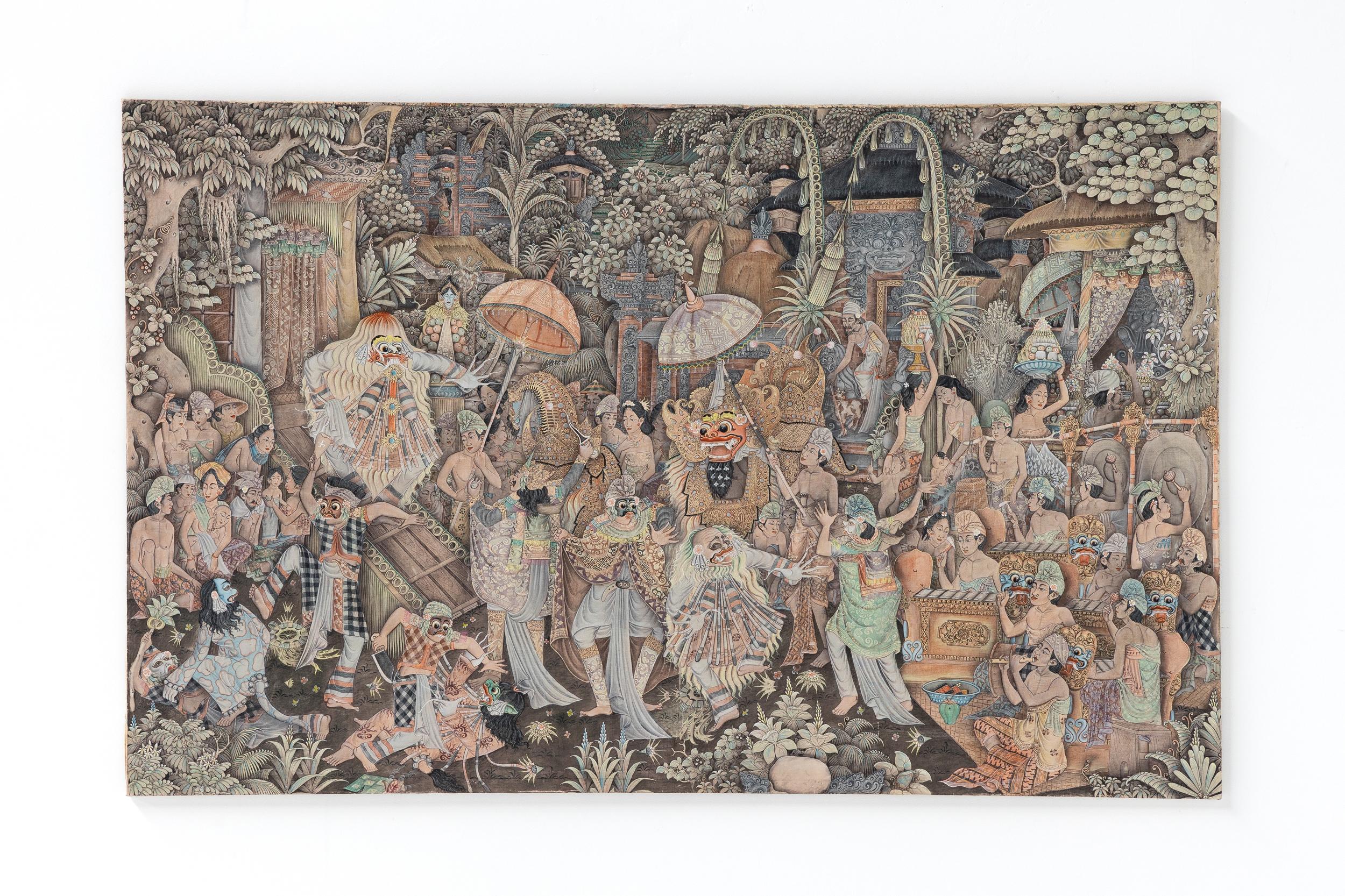 Pintura balinesa; Obra de arte; Década de 1980; Arte balinés; Bali; Arte popular; 

Pintura balinesa, de la década de 1980. El arte balinés ha recurrido tradicionalmente a la religión (hinduismo), a la gente y a la propia isla. El arte de Bali