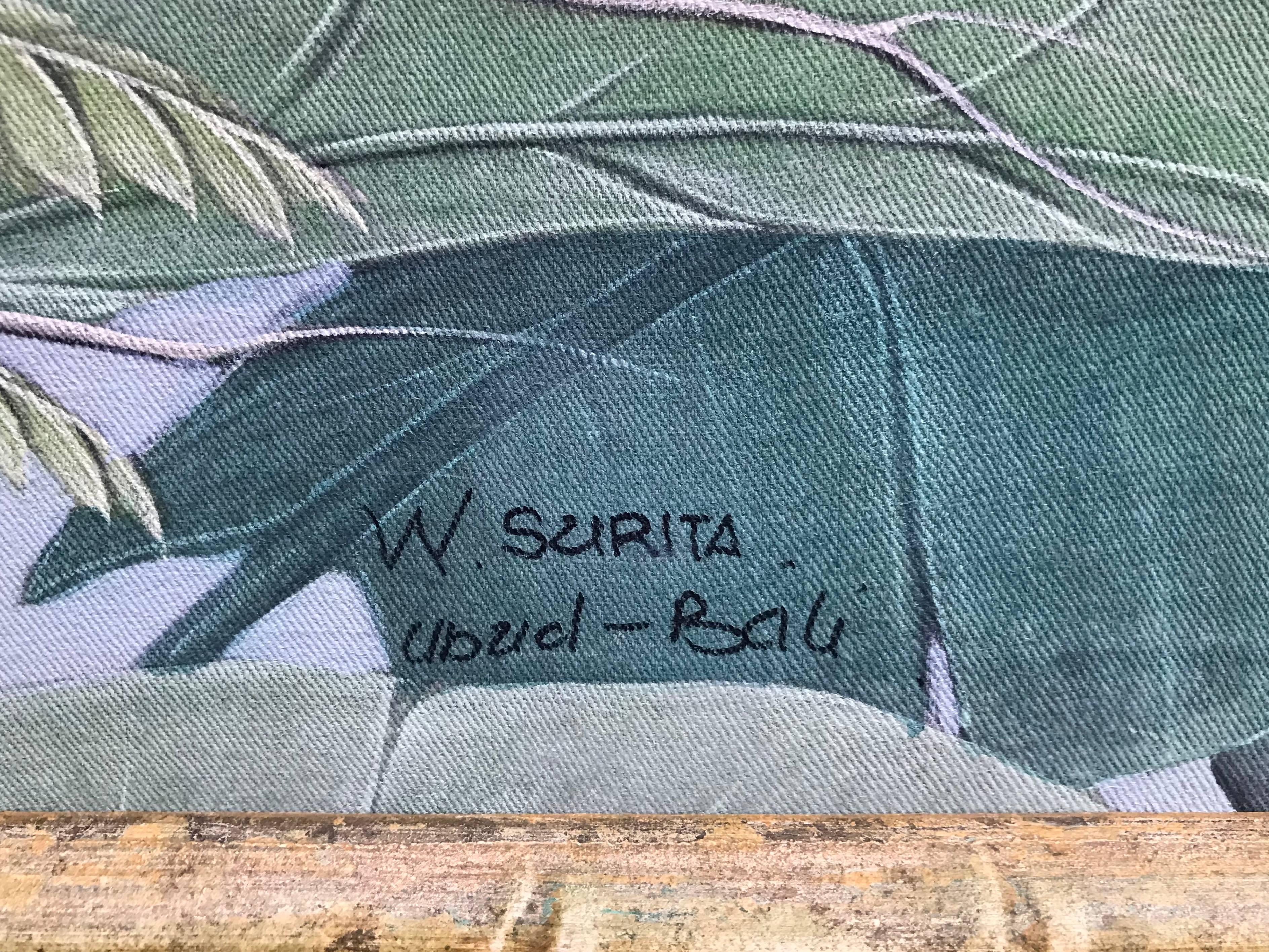 Balinese Painting with Faux Bamboo Frame, 1970s by W. Surita In Good Condition In Sint Annaland, NL