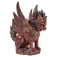 Balinese Polychrome and Gilt Wood Sculpture of a Winged Lion