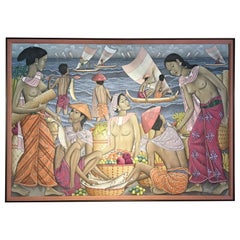 Vintage Balinese Seaside Market Painting by Dewa Putu Bedil, 1950s