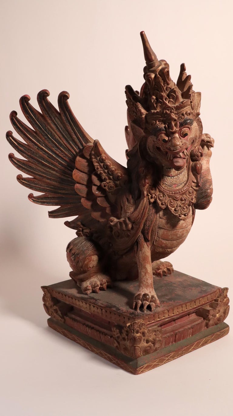 Balinese Winged Lion Guardian Figure Hardwood Indonesian Art Palace Sculpture For Sale at 1stDibs