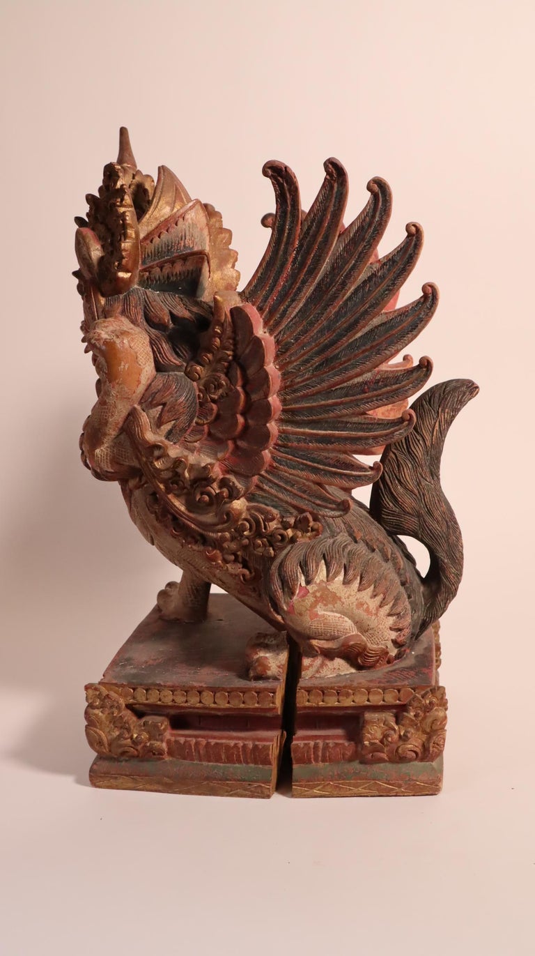 Balinese Winged Lion Guardian Figure Hardwood Indonesian Art Palace Sculpture For Sale at 1stDibs