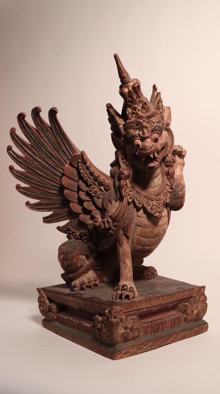 Balinese Winged Lion Guardian Figure Hardwood Indonesian Art Palace Sculpture For Sale at 1stDibs