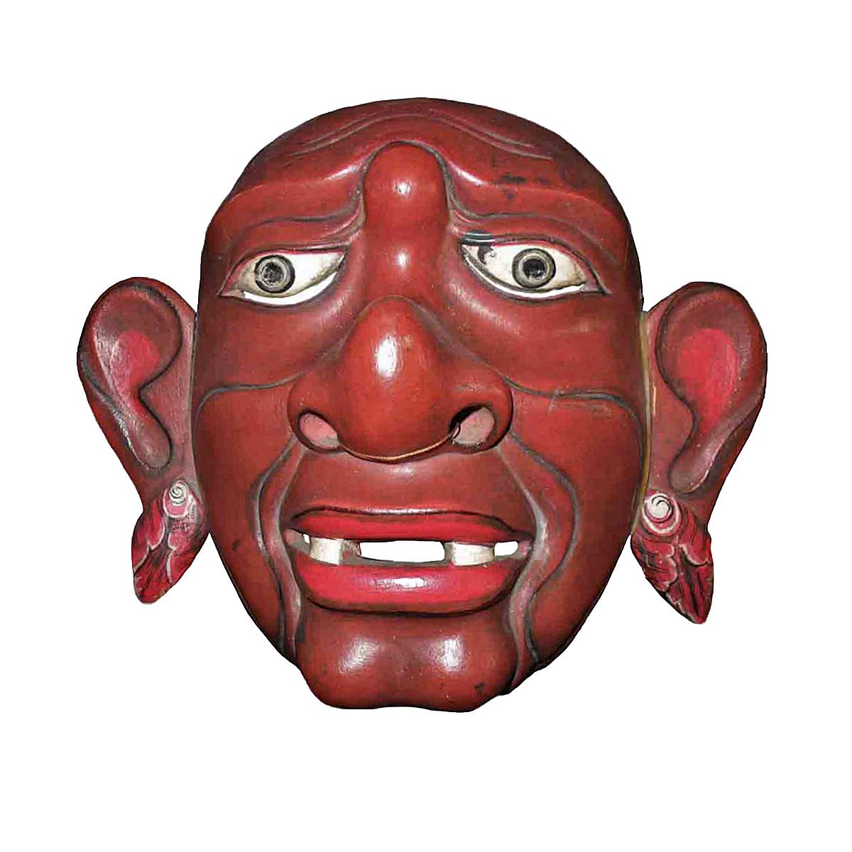 A vintage theater mask from Bali, Indonesia, circa 1975-1980. 
Polychromed hand-carved teak, mounted on a black metal stand.

This type of mask is used at Indonesian Topeng or Mask theater dances, where traditional stories of nobles, kings,