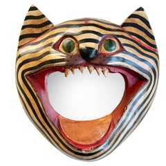 Vintage Balinese Wood Striped Cat Head Wall Mirror - Indonesia