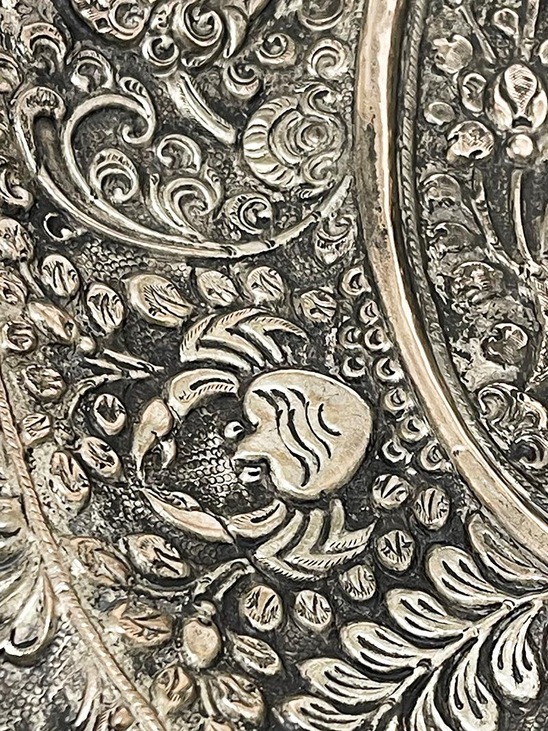 19th Century Balinese Yogya silver oval dish with scene of an Indonesian God and animals For Sale