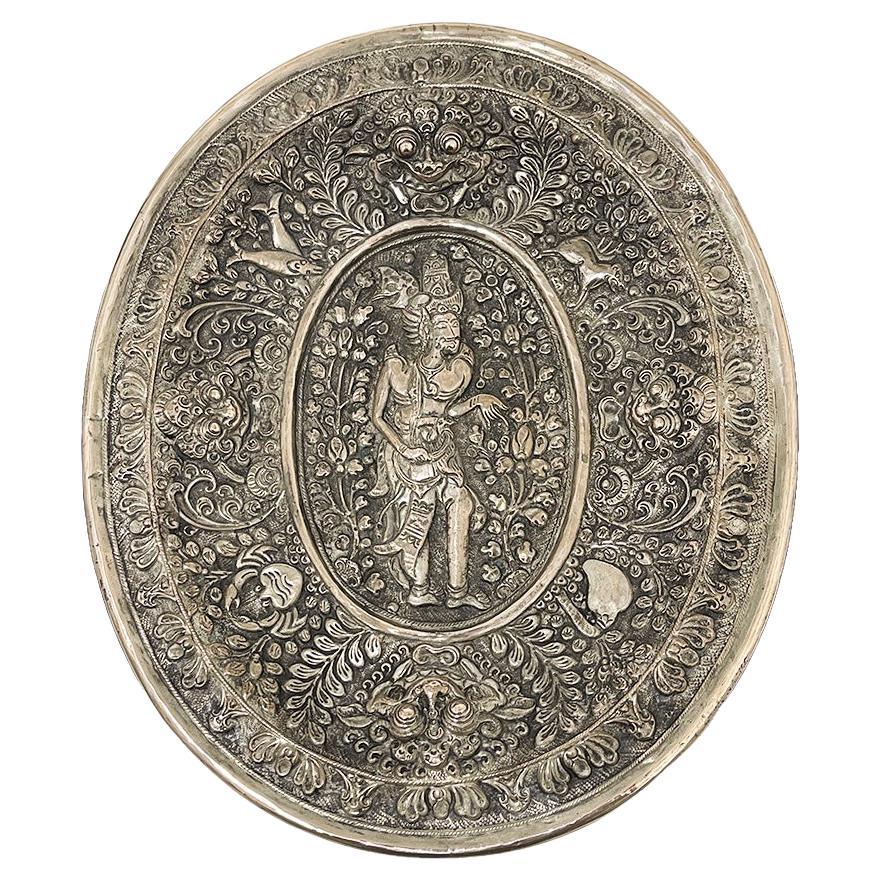 Balinese Yogya silver oval dish with scene of an Indonesian God and animals For Sale