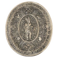 Antique Balinese Yogya silver oval dish with scene of an Indonesian God and animals