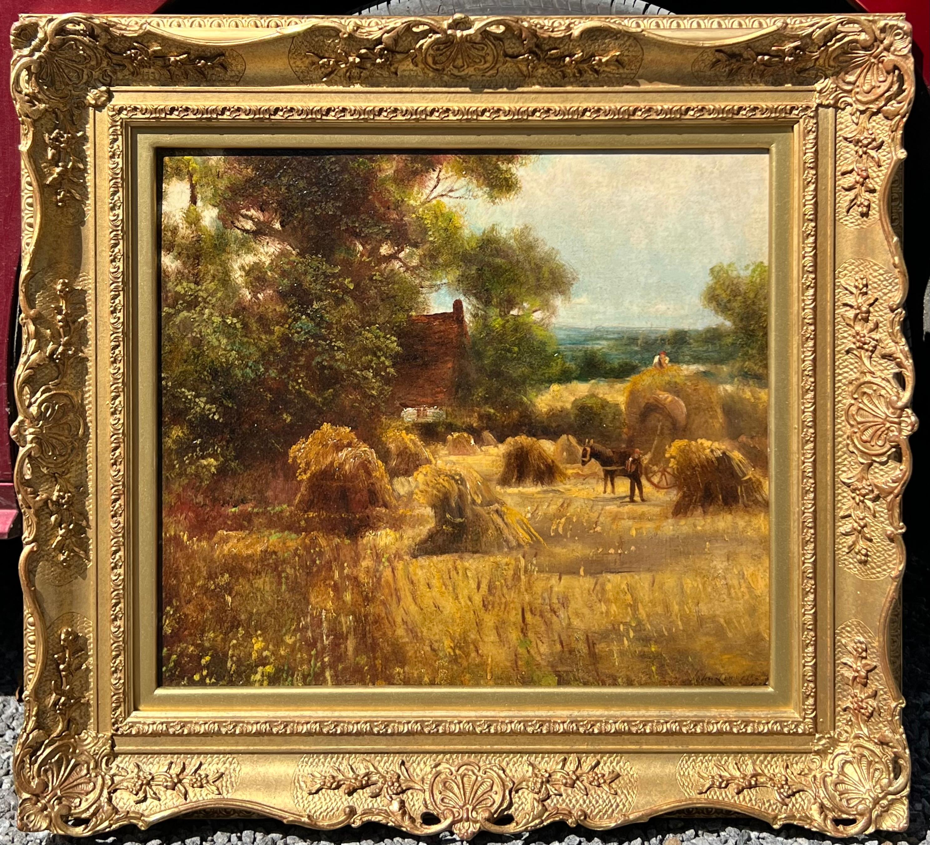 Fall farm scene painting by John Linnell, oil on board signed and dated in the lower right. The painting measures 26.5