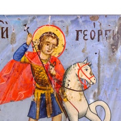 Balkan Folk Art Eastern Orthodox Icon On Wood Saint George Killing The Dragon