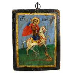 Balkan Folk Art Eastern Orthodox Icon On Wood Saint George Killing The Dragon