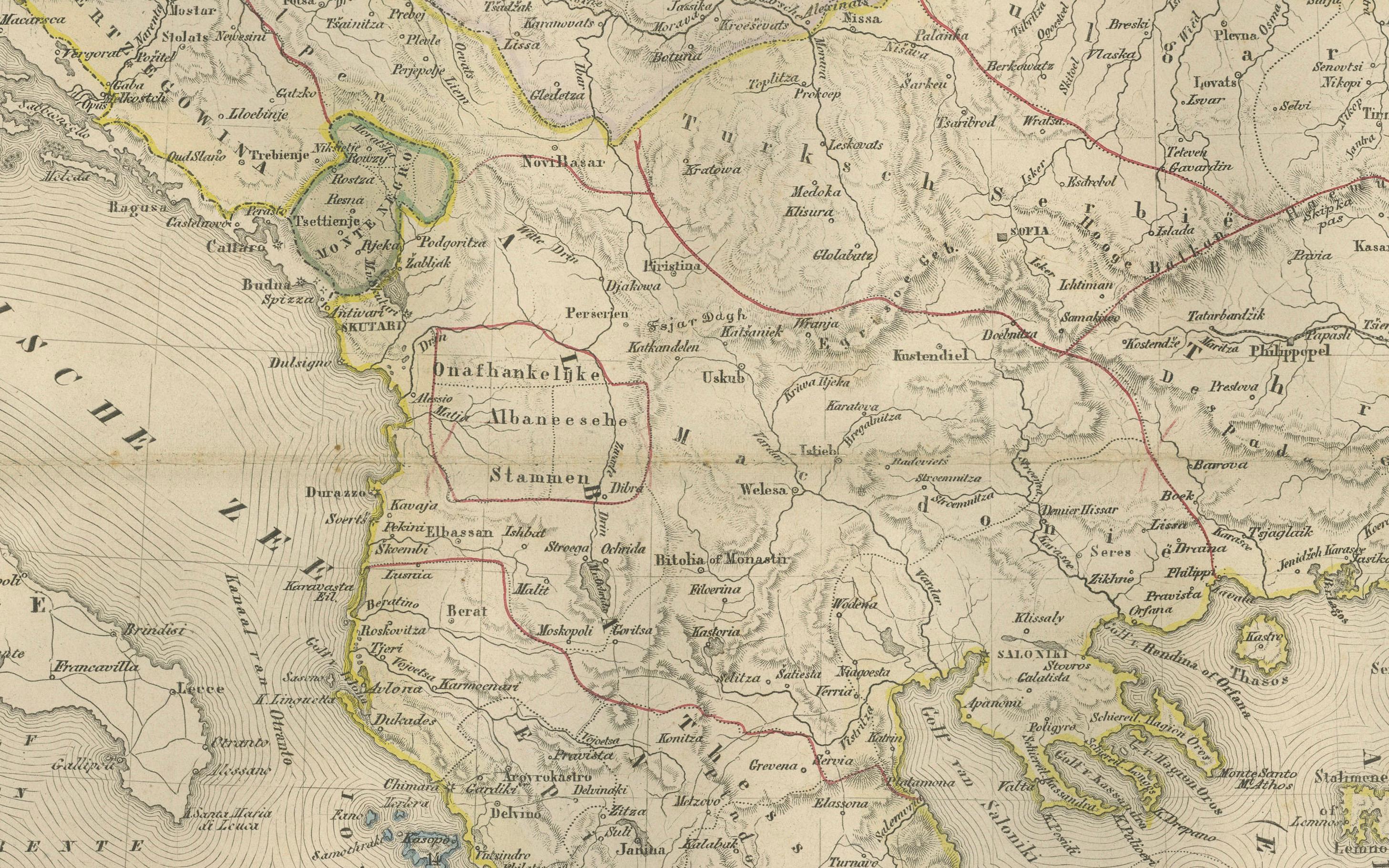 Néerlandais Carte des Balkans et de l'Europe ottomane avec insertion d'Athènes - Nieuwe Hand-Atlas, 1876 en vente