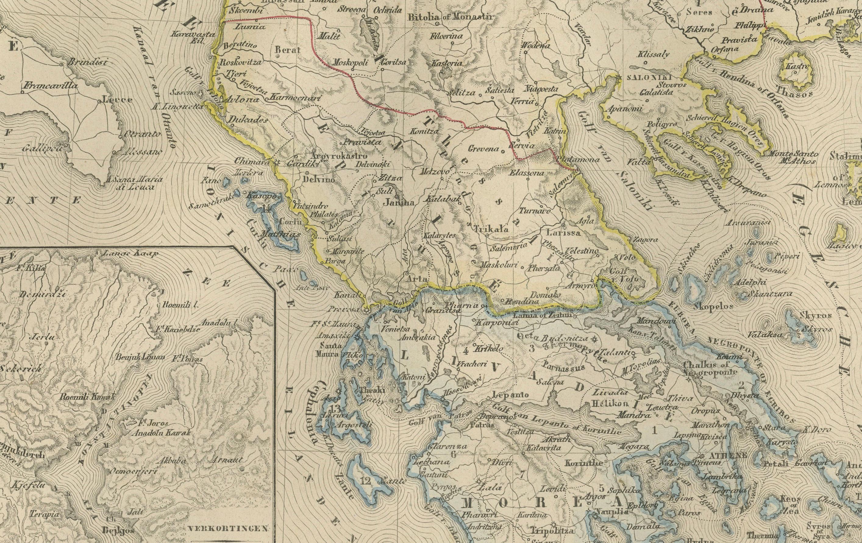 Carte des Balkans et de l'Europe ottomane avec insertion d'Athènes - Nieuwe Hand-Atlas, 1876 Bon état - En vente à Langweer, NL