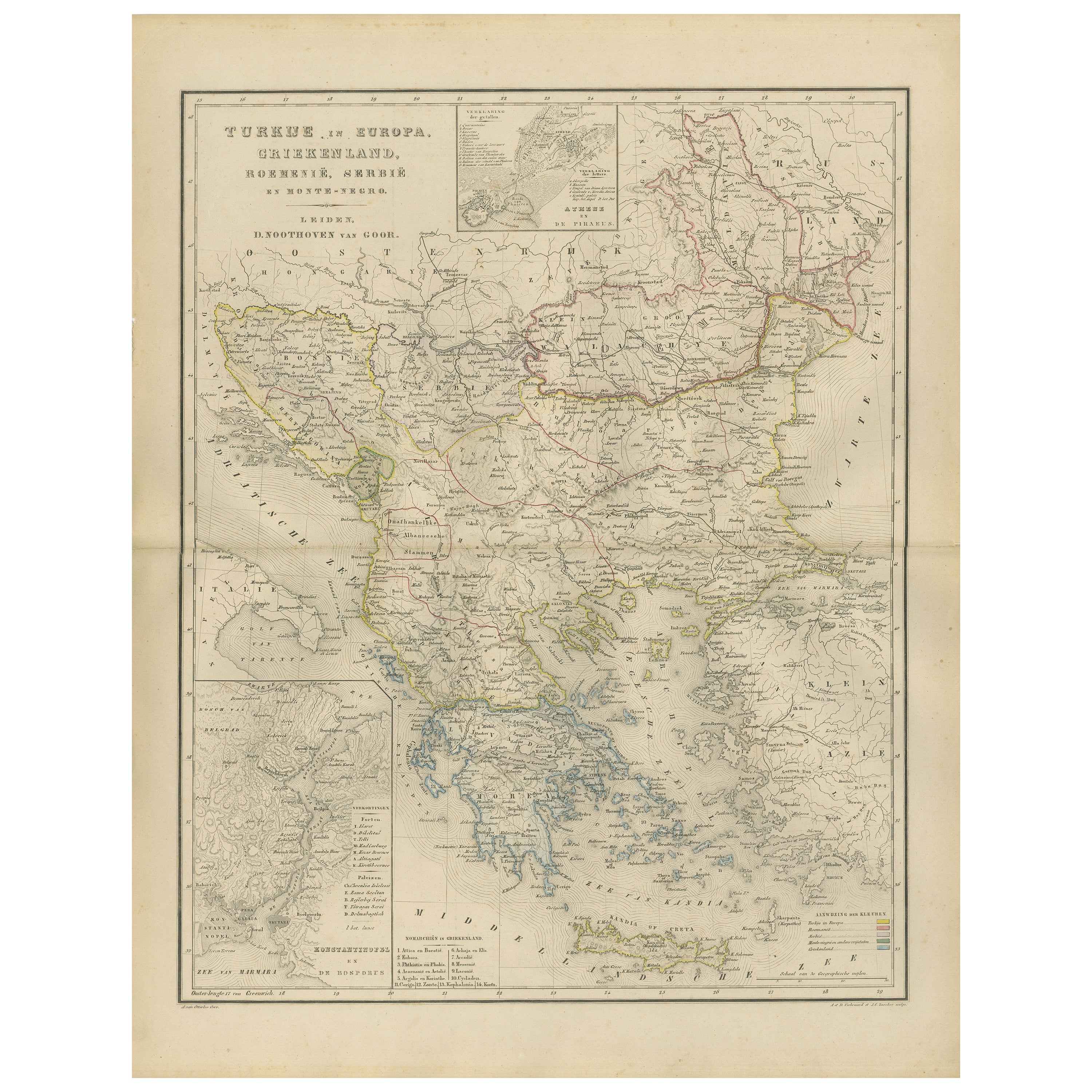 Carte des Balkans et de l
Europe ottomane avec insertion d
Athènes - Nieuwe Hand-Atlas, 1876
