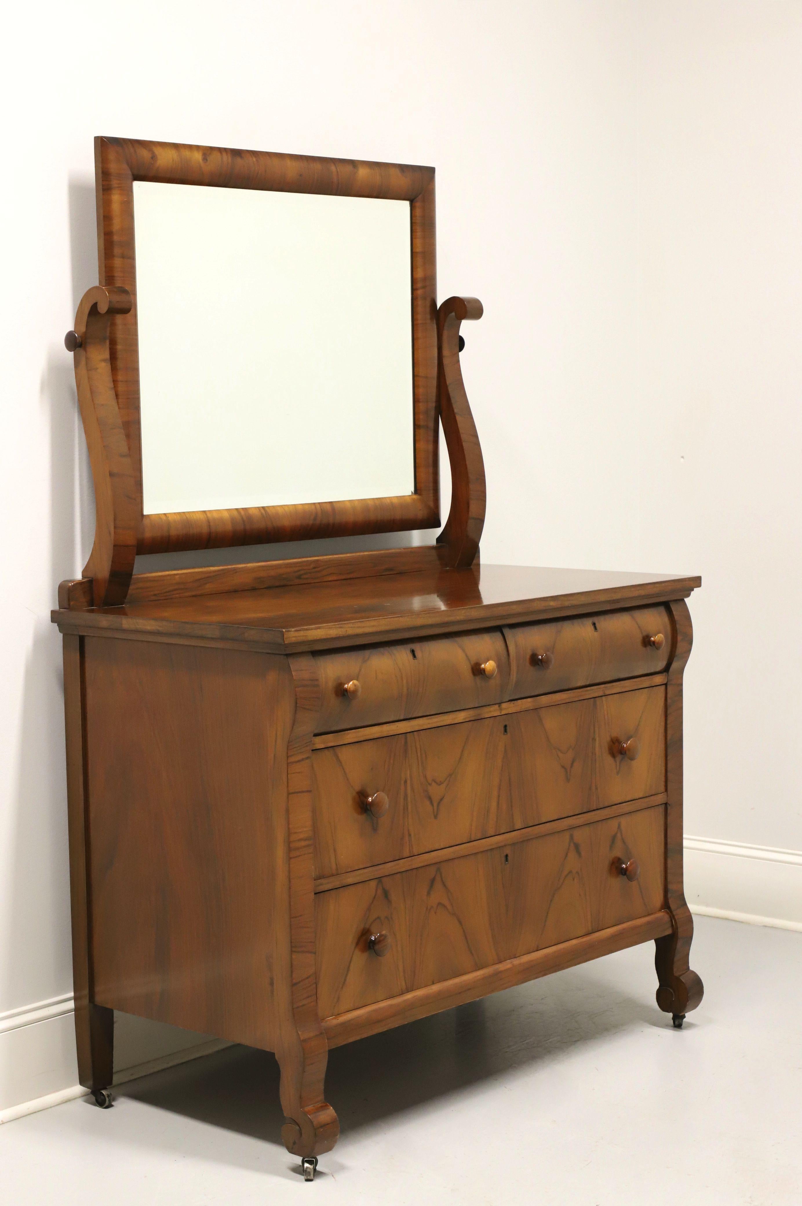 An antique Empire style dresser with attached mirror by Balkwill & Patch Furniture Co. Rosewood with classic Empire styling, upper gallery with curved outward mirror support arms, rectangular rosewood framed mirror, slightly curved outward sides,