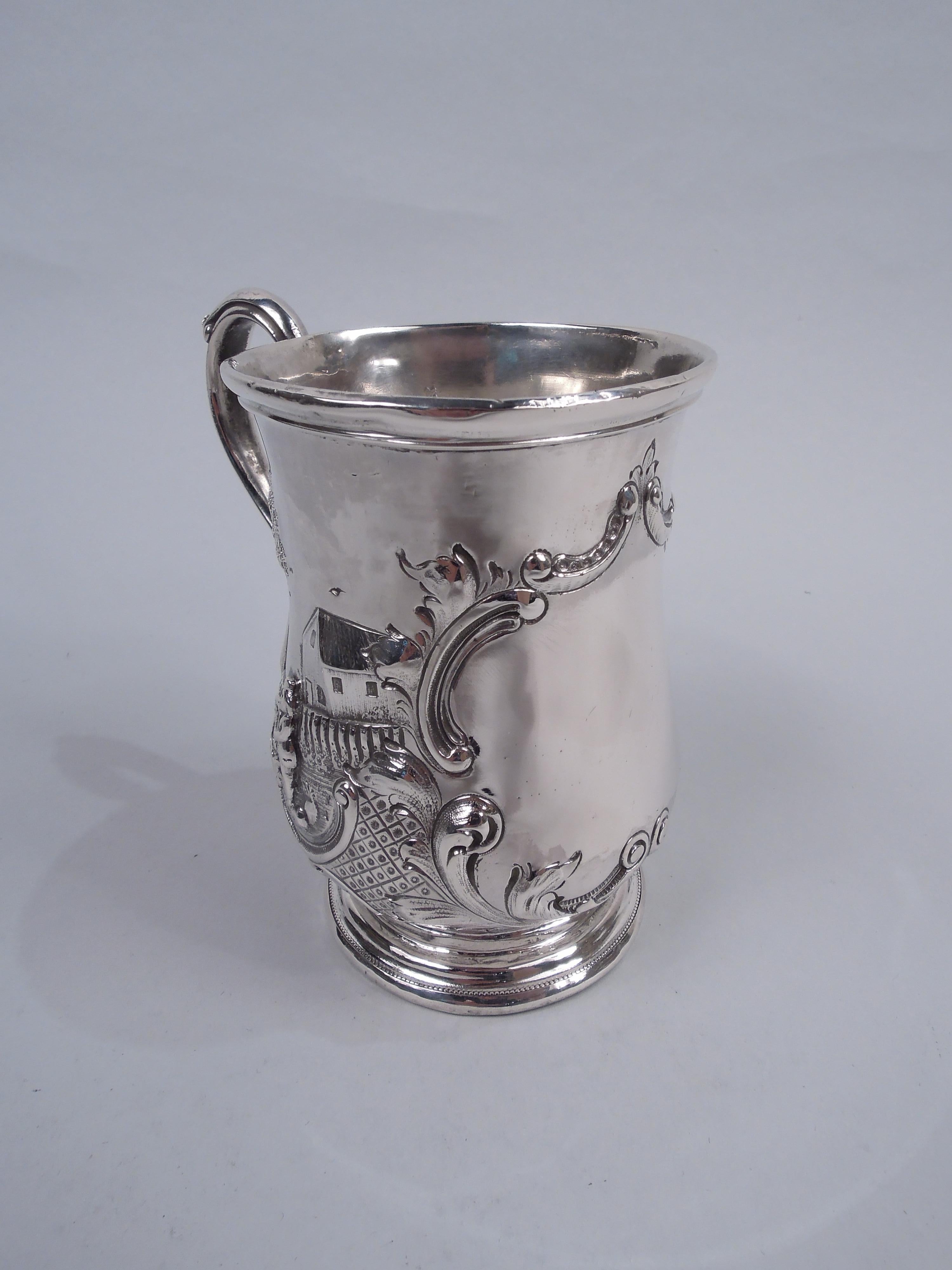 American Ball, Black Classical Coin Silver Christening Mug with Rural Idyll For Sale