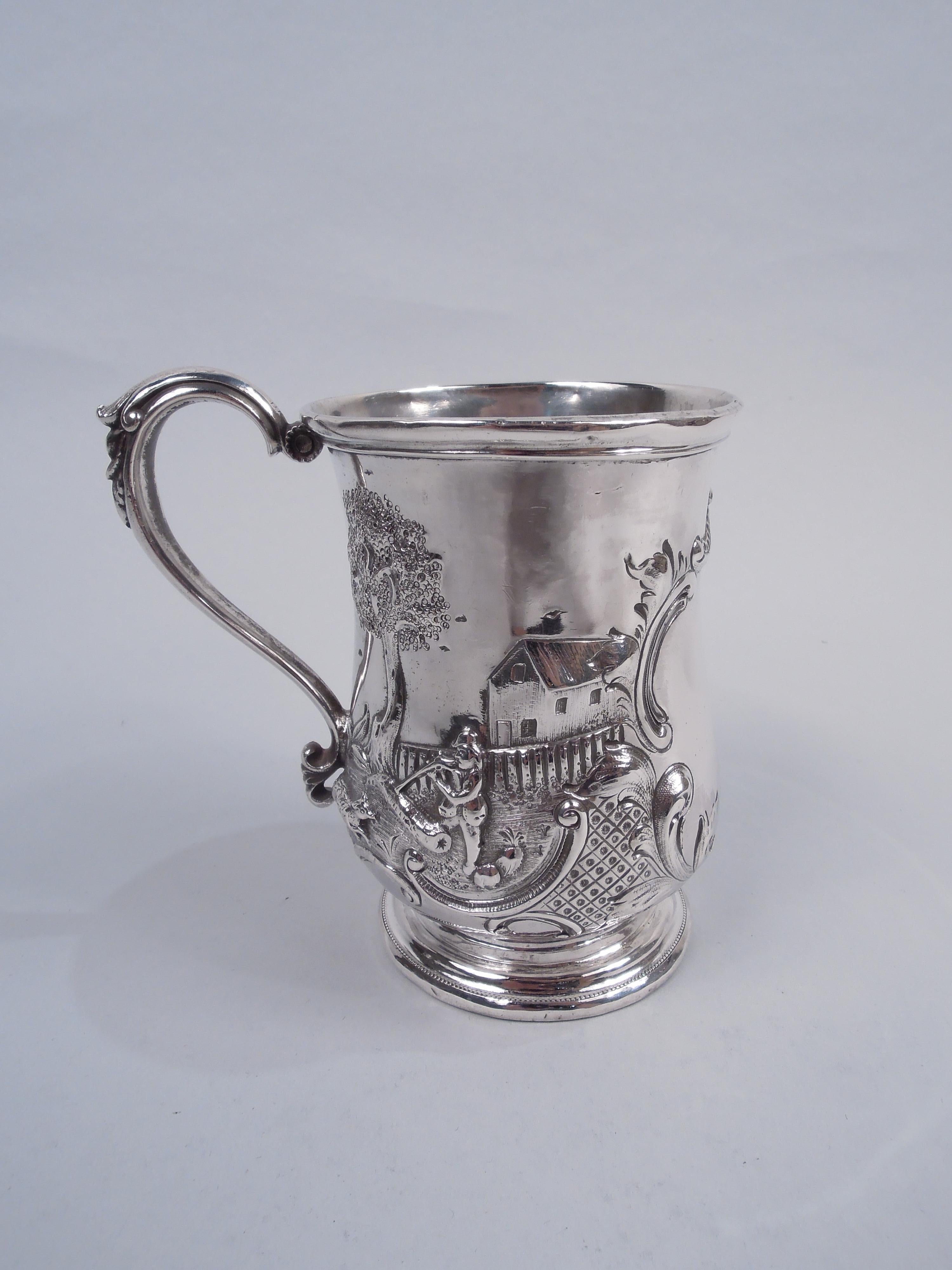 Ball, Black Classical Coin Silver Christening Mug with Rural Idyll In Good Condition For Sale In New York, NY