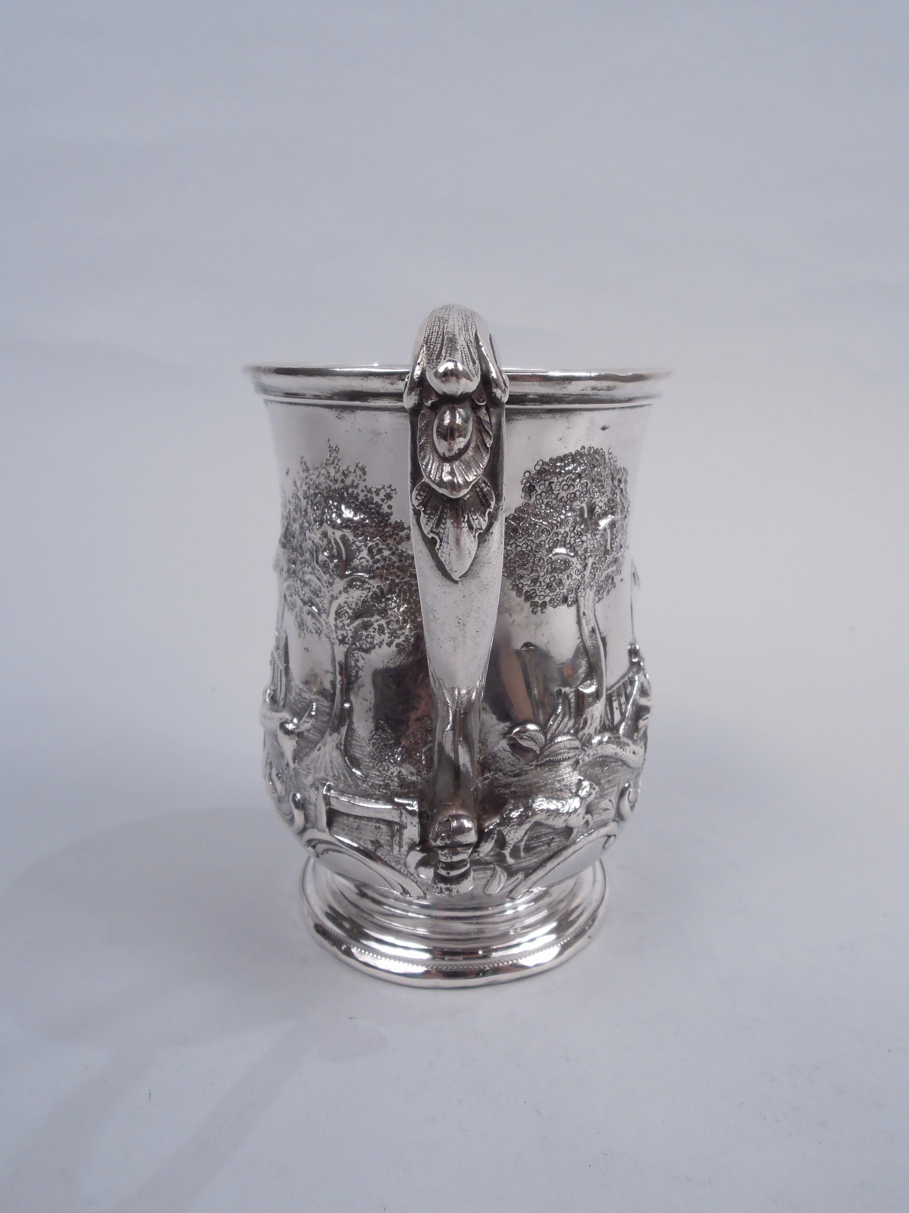 19th Century Ball, Black Classical Coin Silver Christening Mug with Rural Idyll For Sale